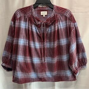 Joie Burgundy and Blue Plaid Flannel Top Tie Neck Size XS